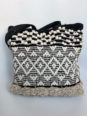 Embroidered Black White Bohemian Cotton Tote Bag Market Purse Made in India